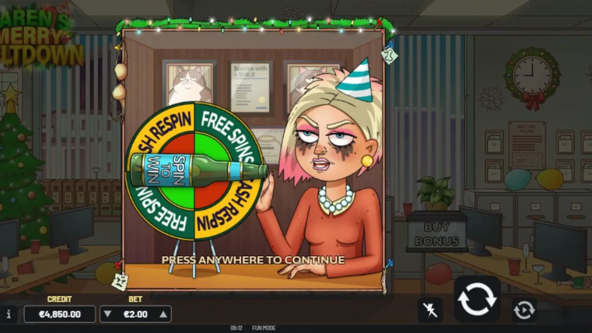 Interface do jogo de slot Karen's Merry Meltdown com tema natalino caótico