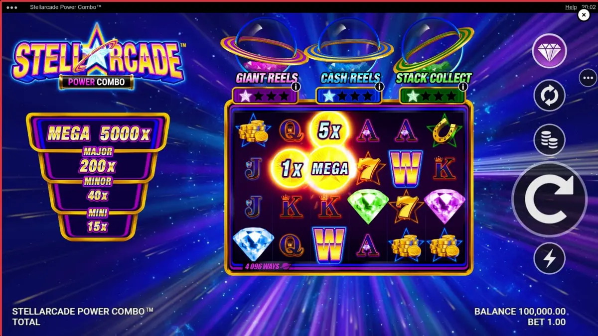 Interface neon e futurista do slot Stellarcade Power Combo