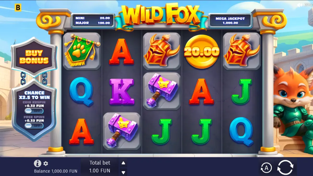 Interface do jogo Wild Fox com o personagem raposa cavaleiro