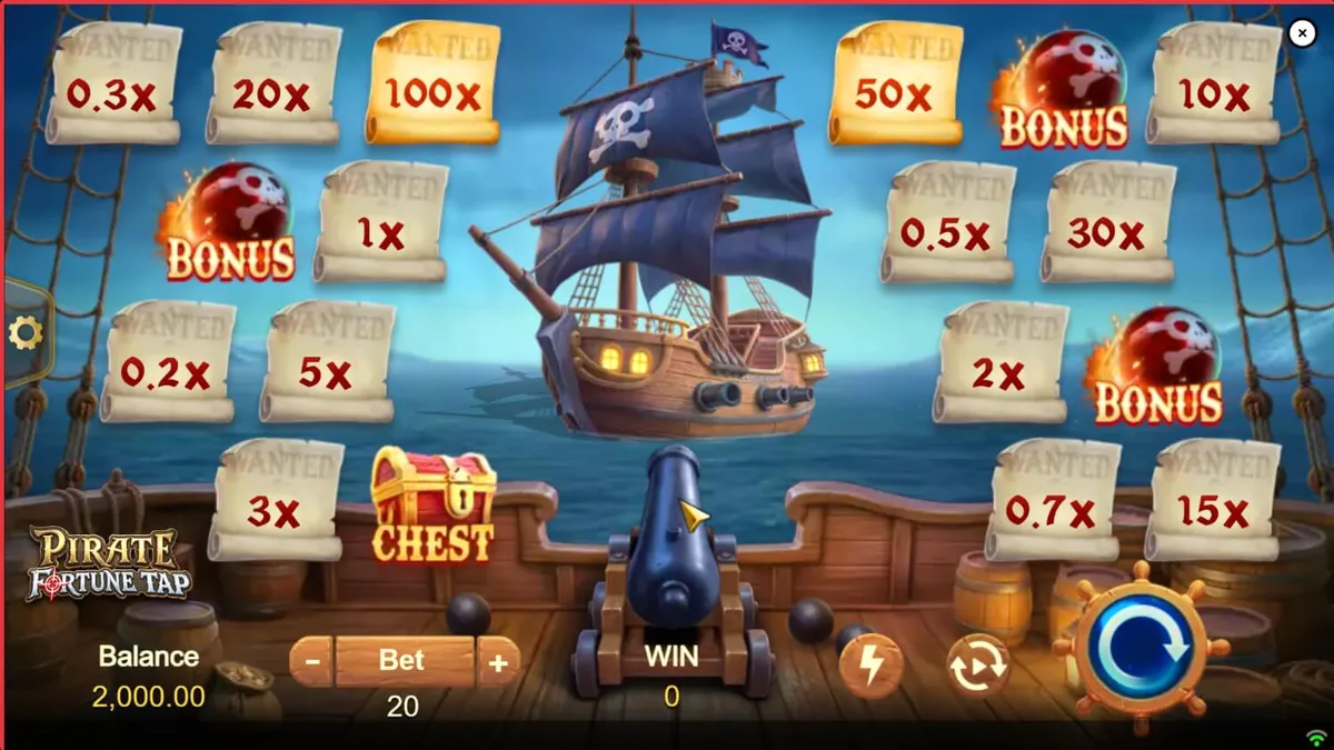 Interface de jogo do Pirate Fortune Tap com tema de piratas e canhão