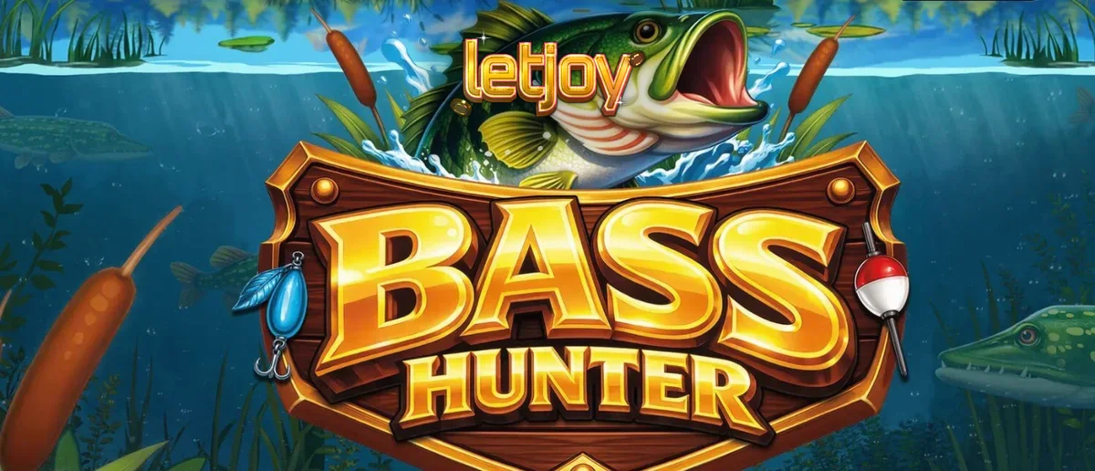 Cena subaquática do slot Bass Hunter com peixes e equipamentos de pesca